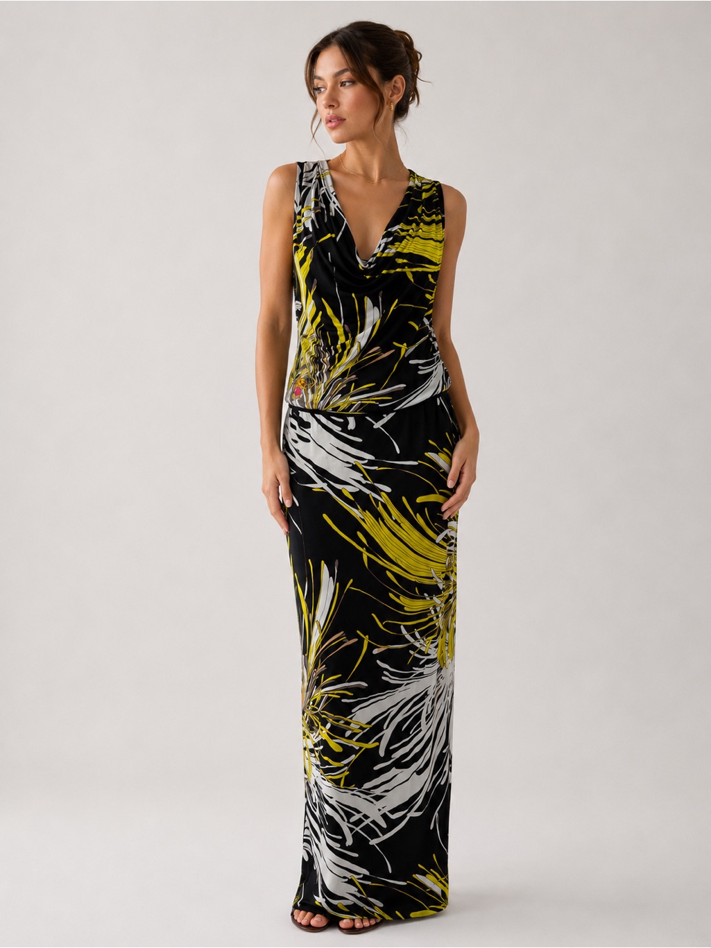 Trina Turk Black, Yellow & White Printed Cowl-Neck Maxi Dress